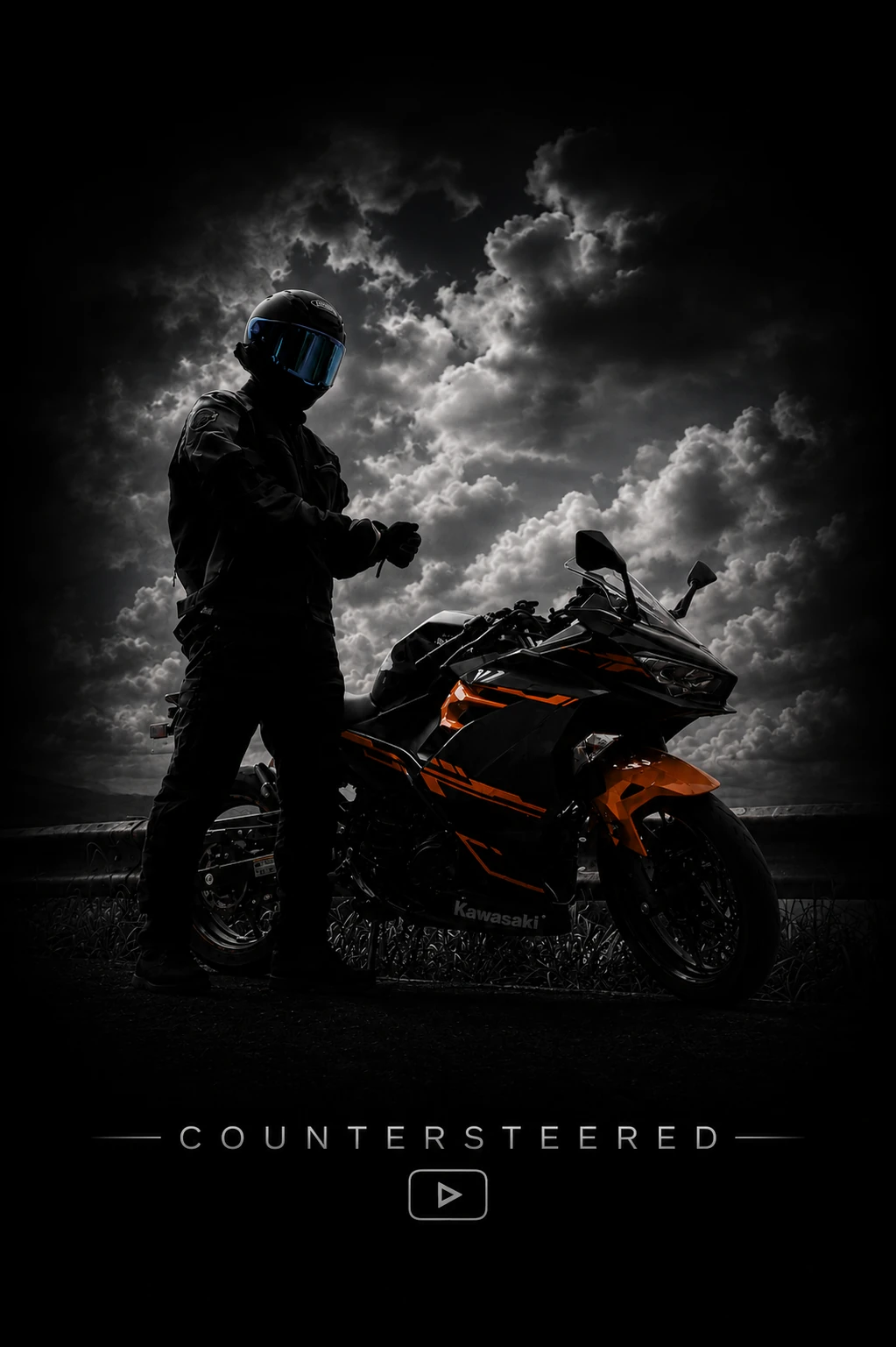 CounterSteered rider standing beside a black and orange Kawasaki motorcycle under dramatic storm clouds